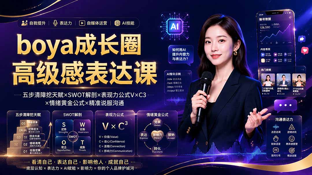 boya成长圈｜内心成长高级表达AI自媒体三合一，消解内耗挖掘天赋，镜头沟通AI指令短视频全流程教学-惠声资源站