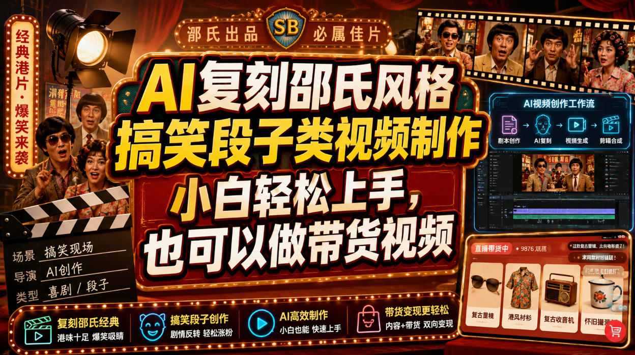 AI复刻邵氏风格搞笑段子类视频制作，小白轻松上手，也可以做带货视频-惠声资源站