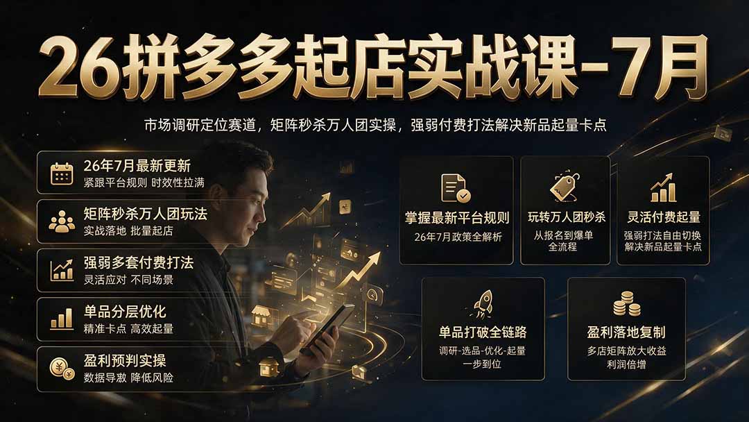 26拼多多起店实战课-7月｜市场调研定位赛道，矩阵秒杀万人团实操，强弱付费打法解决新品起量卡点-惠声资源站