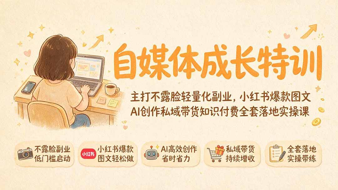 自媒体成长特训｜主打不露脸轻量化副业，小红书爆款图文AI创作私域带货知识付费全套落地实操课-惠声资源站