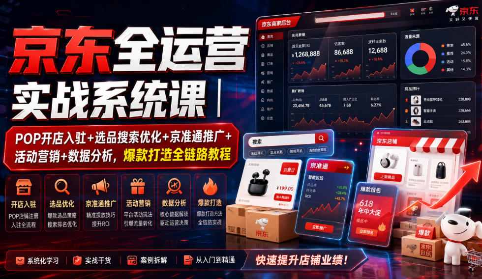 京东全运营实战系统课｜POP开店入驻+选品搜索优化+京准通推广+活动营销+数据分析，爆款打造全链路教程-惠声资源站