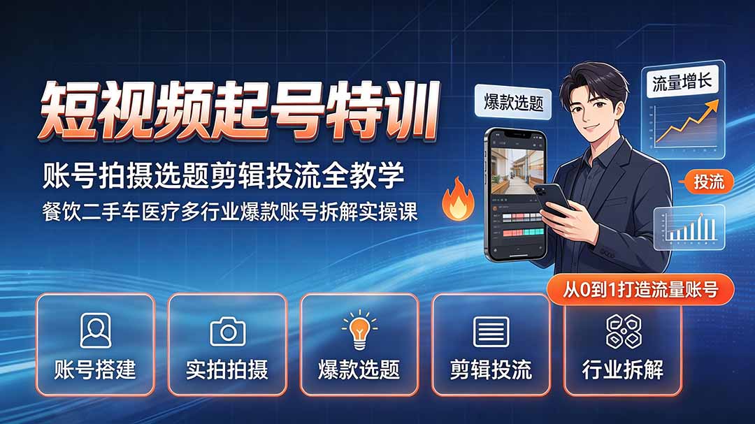短视频起号特训｜账号拍摄选题剪辑投流全教学，餐饮二手车医疗多行业爆款账号拆解实操课-惠声资源站