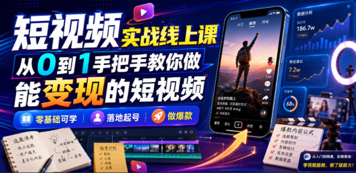 短视频实战线上课，从0到1手把手教你做能变现的短视频，零基础可学，落地起号做爆款-惠声资源站