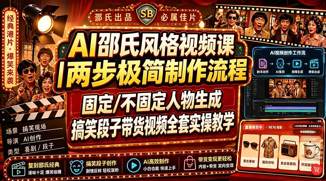 AI邵氏风格视频课｜两步极简制作流程，固定/不固定人物生成，搞笑段子带货视频全套实操教学-惠声资源站