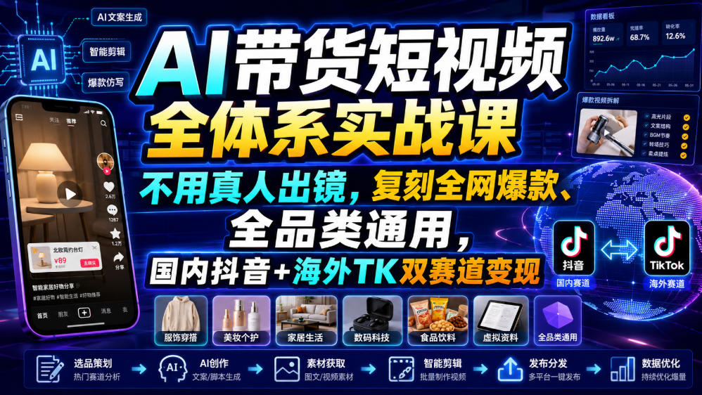 AI带货短视频全体系实战课，不用真人出镜，复刻全网爆款、全品类通用，国内抖音+海外TK双赛道变现-惠声资源站