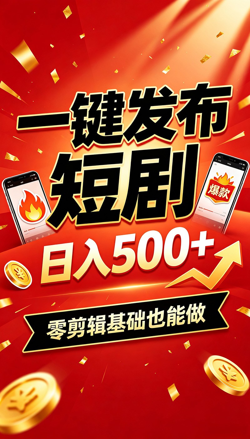 快手短剧一键发布，不用剪辑操作简单，副业日入500+。空闲时间轻松赚收益-惠声资源站