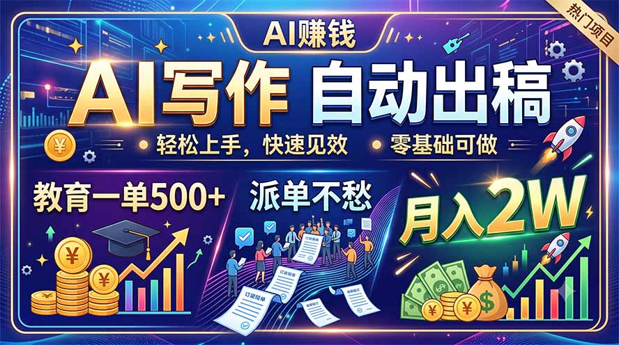 AI写作自动出稿，教育一单500+，派单不愁，月入2W-惠声资源站