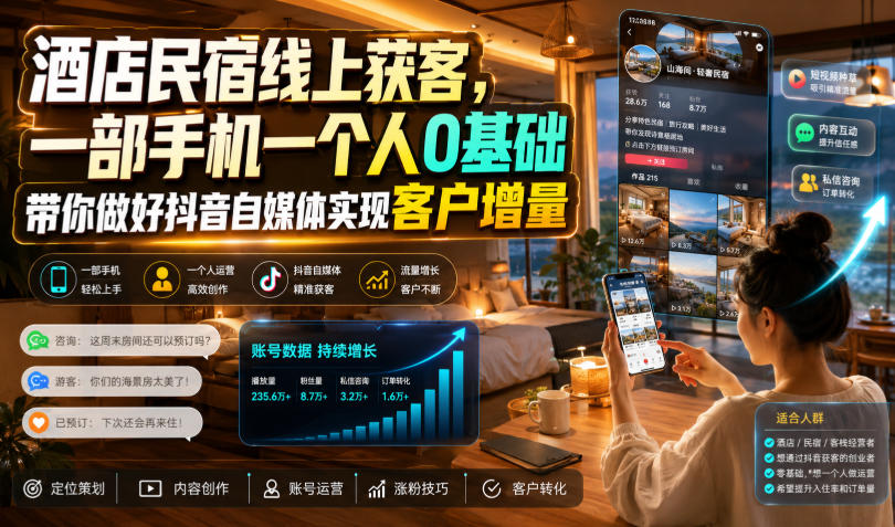 酒店民宿线上获客，一部手机一个人0基础带你做好抖音自媒体实现客户增量-惠声资源站