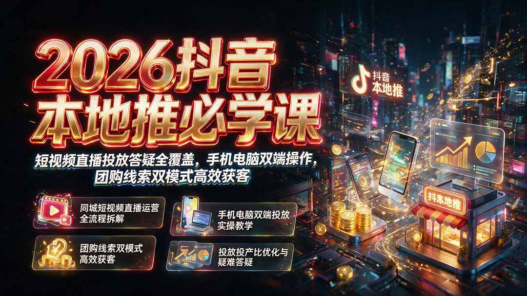 2026抖音本地推必学课｜短视频直播投放答疑全覆盖，手机电脑双端操作，团购线索双模式高效获客-惠声资源站