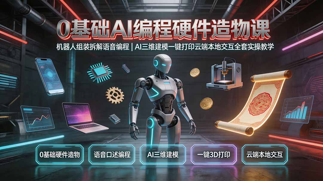 0基础AI编程硬件造物课｜机器人组装拆解语音编程，AI三维建模一键打印云端本地交互全套实操教学-惠声资源站