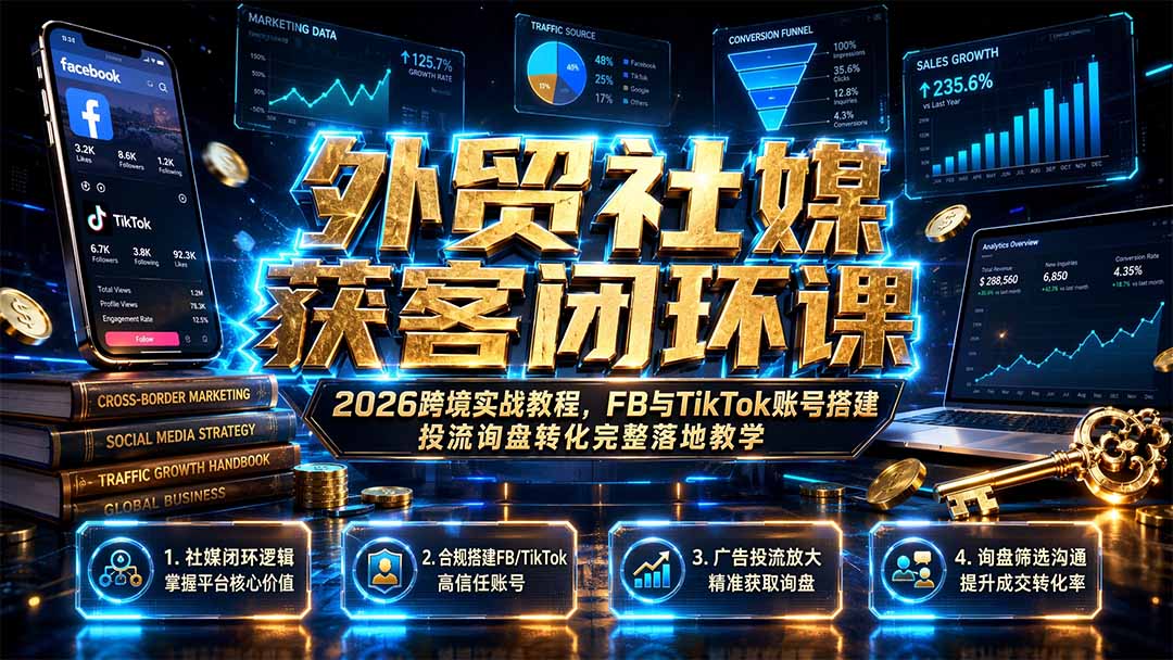 外贸社媒获客闭环课｜2026跨境实战教程，FB与TikTok账号搭建投流询盘转化完整落地教学-惠声资源站