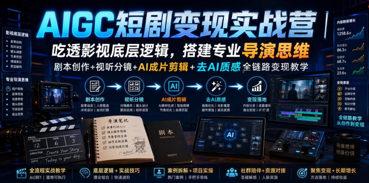AIGC短剧变现实战营｜吃透影视底层逻辑，搭建专业导演思维，剧本创作+视听分镜+AI成片剪辑+去AI质感全链路变现教学-惠声资源站