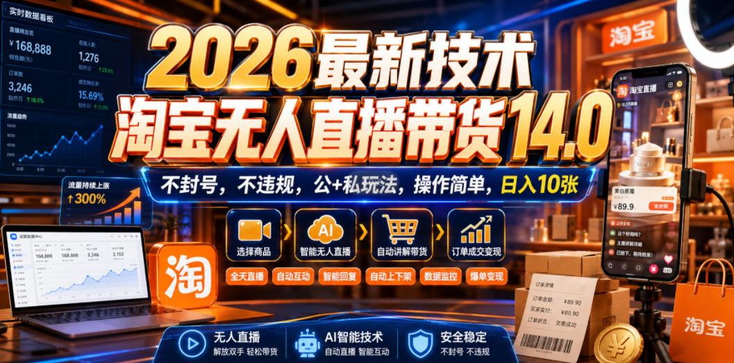 2026最新技术，淘宝无人直播带货14.0，不封号，不违规，公+私玩法，操作简单，日入10张【揭秘】-惠声资源站
