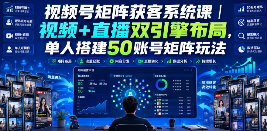 视频号矩阵获客系统课｜视频+直播双引擎布局，单人搭建50账号矩阵玩法，流量入池、搜索占位、全域引流沉淀私域全流程教学-惠声资源站