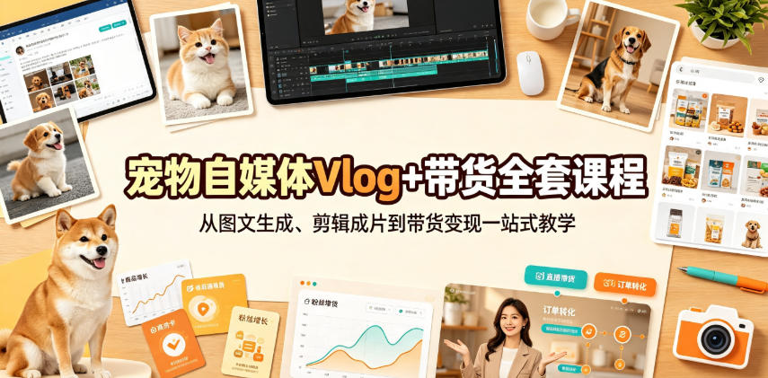 宠物自媒体Vlog+带货全套课程｜从图文生成、剪辑成片到带货变现一站式教学-惠声资源站