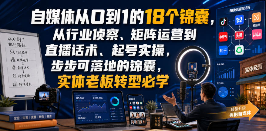 自媒体从0到1的18个锦囊，从行业侦察、矩阵运营到直播话术、起号实操，步步可落地的锦囊，实体老板转型必学-惠声资源站
