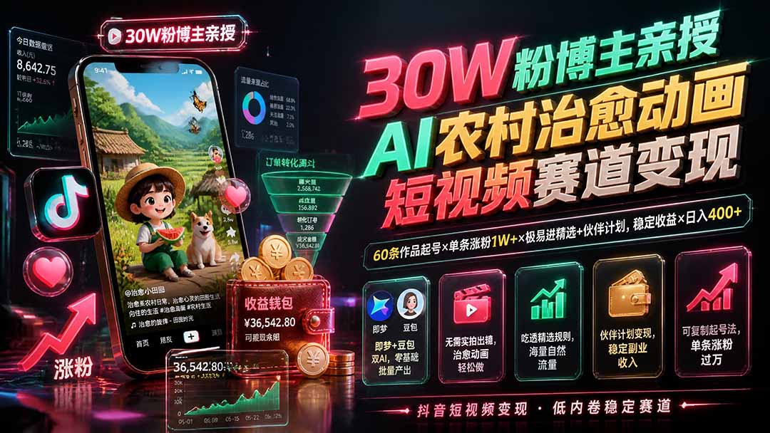 30W粉博主亲授AI农村治愈动画短视频赛道变现：60条作品起号×单条涨粉1W+×极易进精选+伙伴计划，稳定收益×日入400+-惠声资源站
