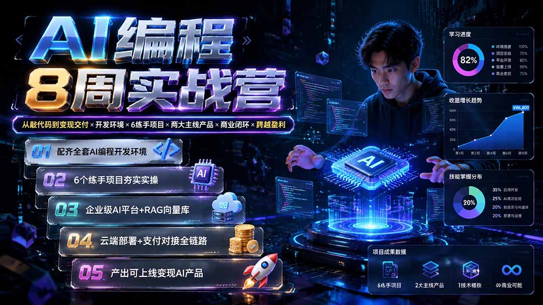 AI编程8周实战营：从敲代码到变现交付×开发环境×6练手项目×两大主线产品×商业闭环×跨越盈利-惠声资源站