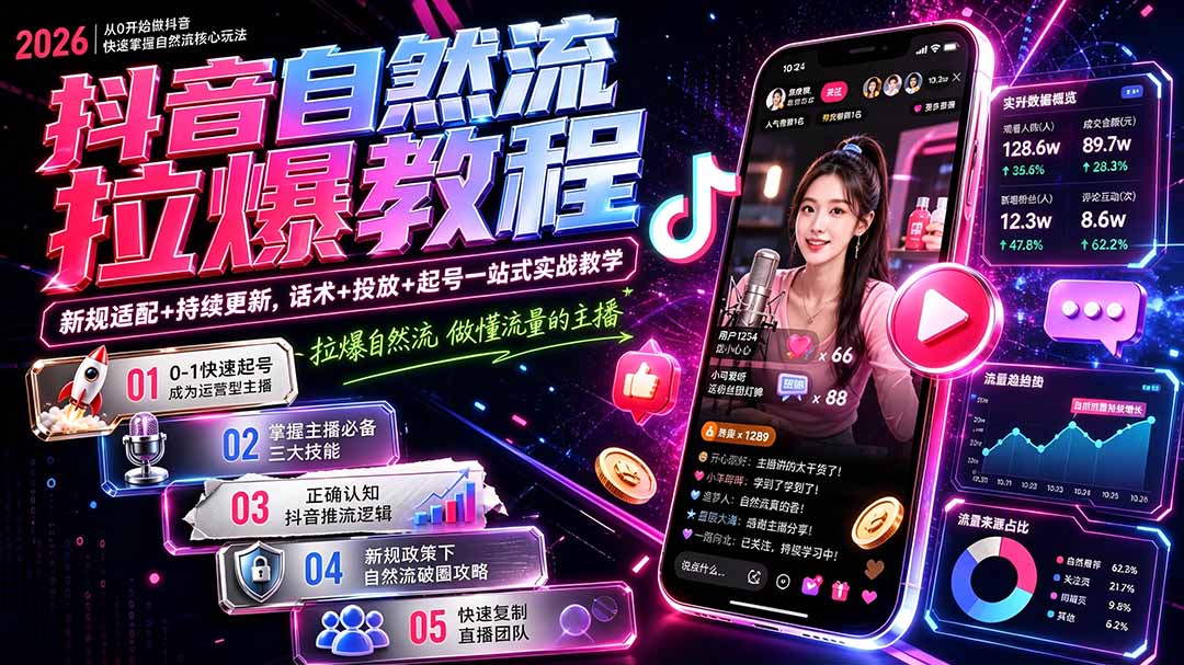 抖音自然流拉爆教程-更新7月：做懂流量的主播，新规适配+持续更新，话术+投放+起号一站式实战教学-惠声资源站