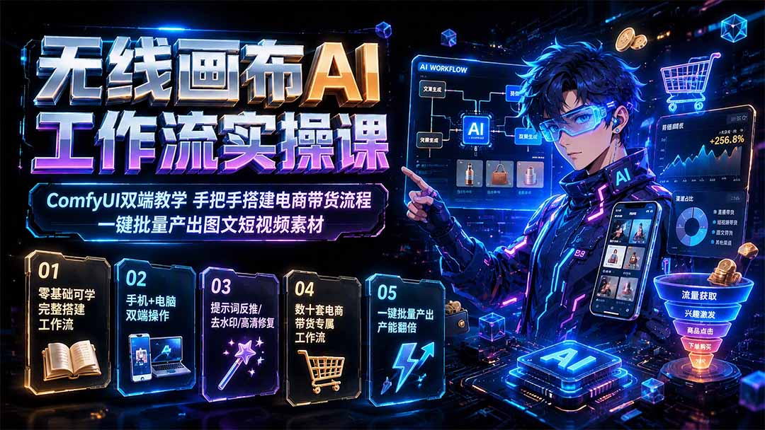 无线画布AI工作流实操课｜ComfyUI双端教学，手把手搭建电商带货流程，一键批量产出图文短视频素材-惠声资源站