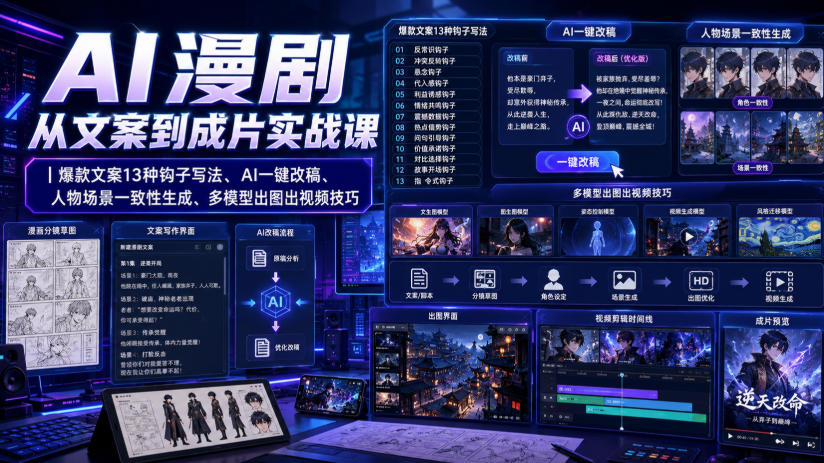 AI漫剧从文案到成片实战课｜爆款文案13种钩子写法、AI一键改稿、人物场景一致性生成、多模型出图出视频技巧-惠声资源站