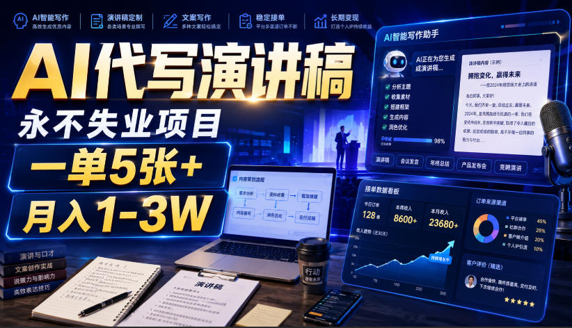 AI代写演讲稿，永不失业项目，一单5张+，月入1-3W【揭秘】-惠声资源站