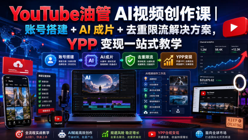 YouTube油管AI视频创作课｜账号搭建+AI成片+去重限流解决方案，YPP变现一站式教学-惠声资源站
