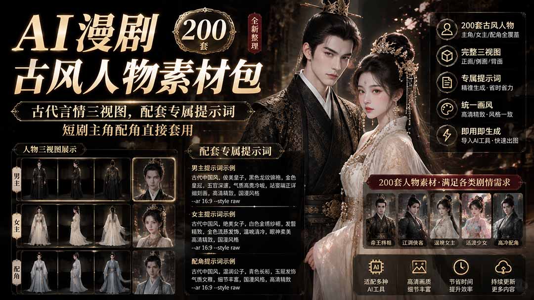 AI漫剧古风人物素材包+提示词｜200 套古代言情三视图，配套专属提示词短剧主角配角直接套用-惠声资源站