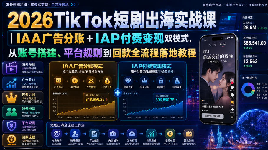 2026TikTok短剧出海实战课｜IAA广告分账+IAP付费变现双模式，从账号搭建、平台规则到回款全流程落地教程-惠声资源站