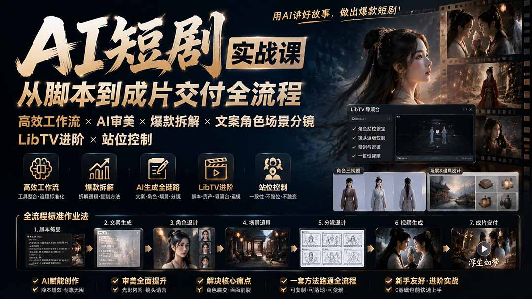 AI短剧实战课：高效工作流×AI审美×爆款拆解×文案角色场景分镜×LibTV进阶×站位控制×从脚本到成片交付全流程-惠声资源站
