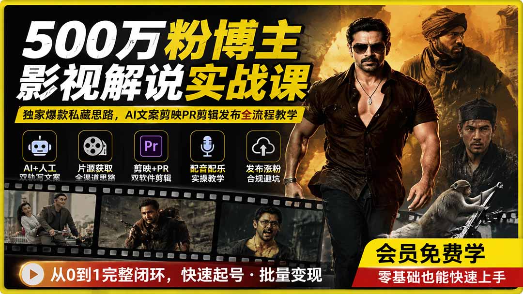 500万粉博主影视解说实战课｜独家爆款私藏思路，AI文案剪映PR剪辑发布全流程教学-惠声资源站