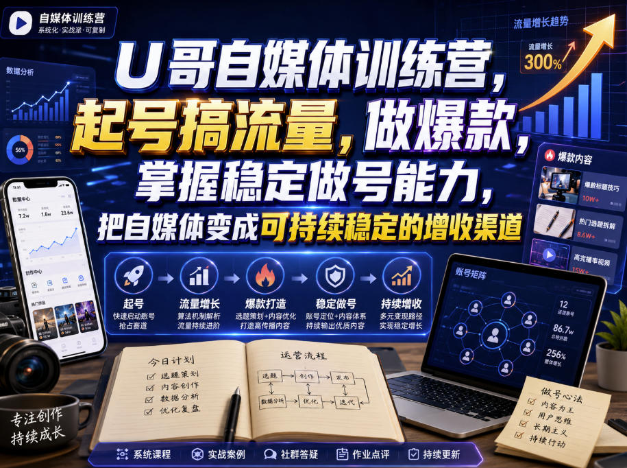 U哥自媒体训练营，起号搞流量，做爆款，掌握稳定做号能力，把自媒体变成可持续稳定的增收渠道-惠声资源站