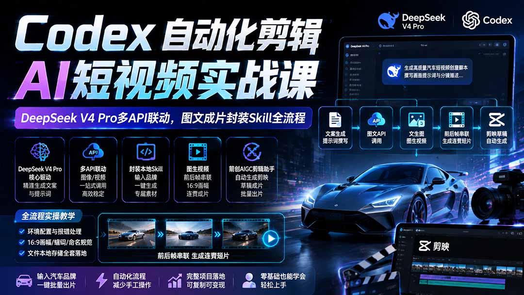 Codex自动化剪辑AI短视频实战课｜DeepSeek V4 Pro多API联动，图文成片封装Skill全流程-惠声资源站