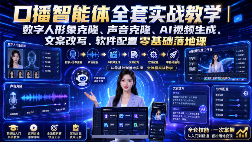 口播智能体全套实战教学｜数字人形象克隆、声音克隆、AI视频生成、文案改写、软件配置零基础落地课-惠声资源站