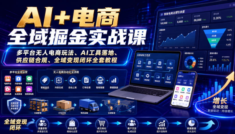 AI+电商全域掘金实战课｜多平台无人电商玩法、AI工具落地、供应链合规、全域变现闭环全套教程-惠声资源站