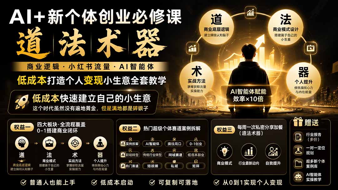 AI+新个体创业必修课｜道法术器｜商业逻辑·小红书流量·AI智能体｜低成本打造个人变现小生意全套教学-惠声资源站