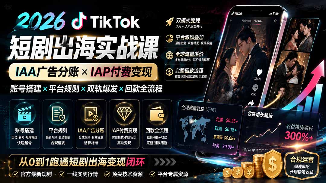 2026TikTok短剧出海实战课：IAA广告分账×IAP付费变现×账号搭建×平台规则×双轨爆发×回款全流程-惠声资源站