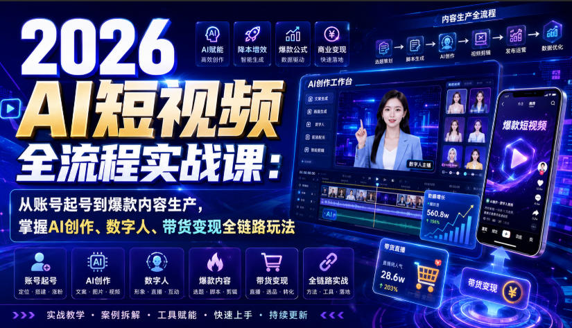 2026 AI短视频全流程实战课：从账号起号到爆款内容生产，掌握AI创作、数字人、带货变现全链路玩法-惠声资源站