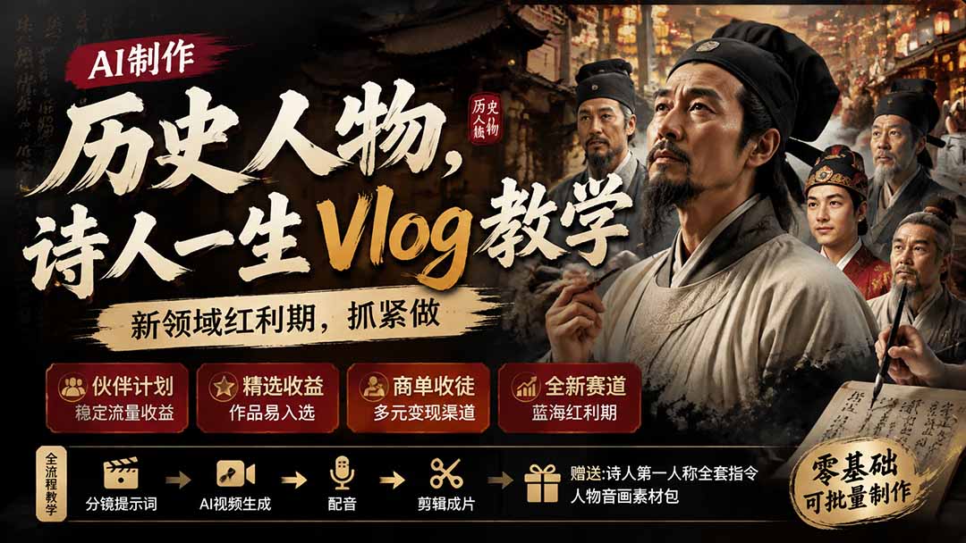 历史人物，诗人一生Vlog教学， AI制作丨伙伴计划丨精选收益丨商单收徒 ，新领域红利期，抓紧做-惠声资源站