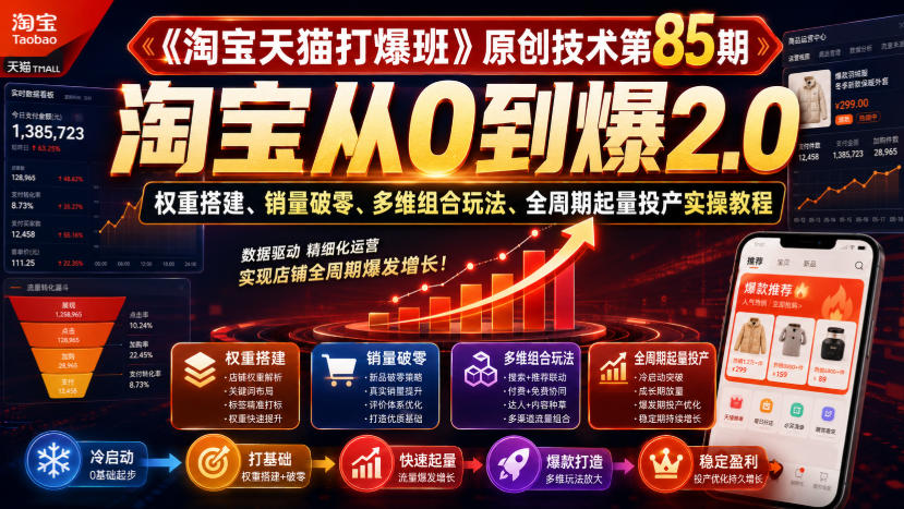 《淘宝天猫打爆班》原创技术第85期，淘宝从0到爆2.0，权重搭建、销量破零、多维组合玩法、全周期起量投产实操教程-惠声资源站