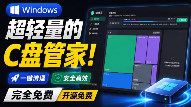 Windows超轻量的C盘管家！超级有特点，支持磁盘分析及清理提醒，2M大小体积，完全免费C盘管家-惠声资源站