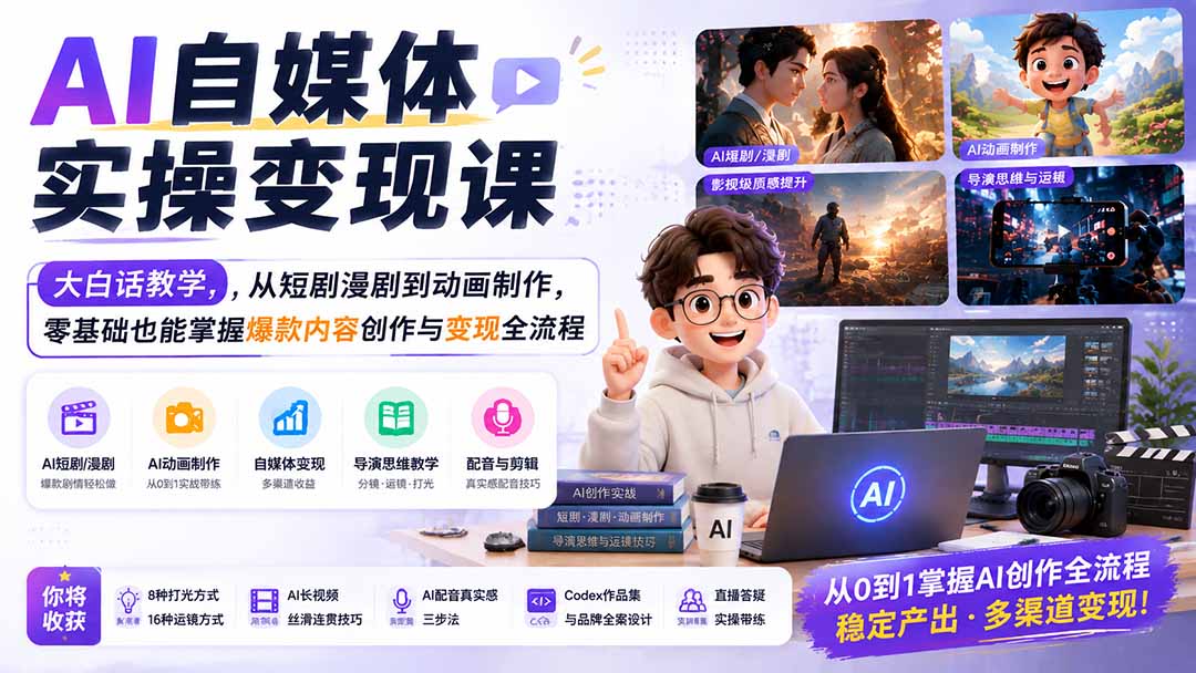AI自媒体实操变现课｜大白话教学，从短剧漫剧到动画制作，零基础也能掌握爆款内容创作与变现全流程-惠声资源站