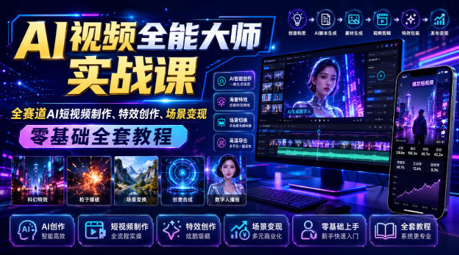 AI视频全能大师实战课｜全赛道AI短视频制作、特效创作、场景变现零基础全套教程-惠声资源站