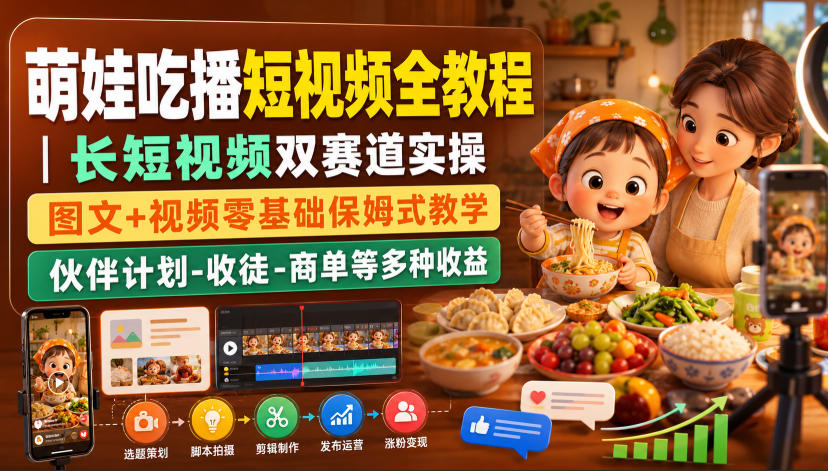 萌娃吃播短视频全教程｜长短视频双赛道实操，图文+视频零基础保姆式教学，伙伴计划-收徒-商单等多种变现方式-惠声资源站