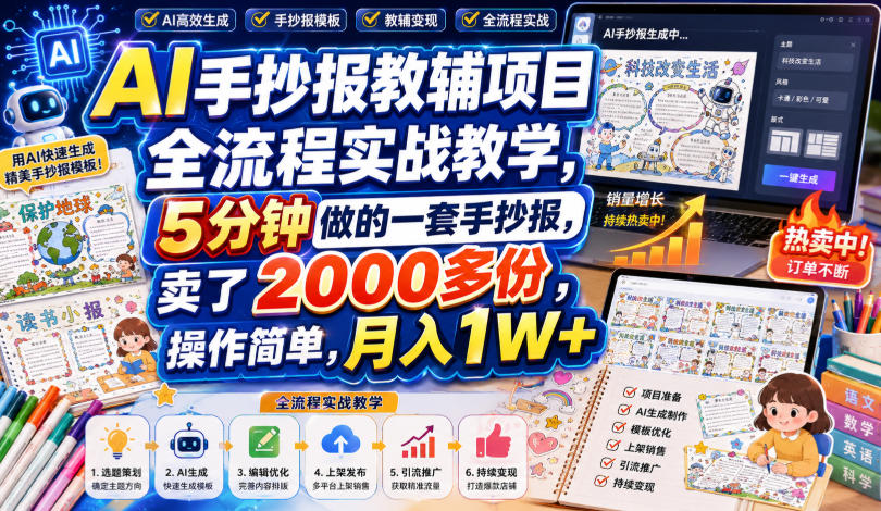 AI手抄报教辅项目全流程实战教学，5分钟做的一套手抄报，卖了2000多份，操作简单，月入1W+-惠声资源站