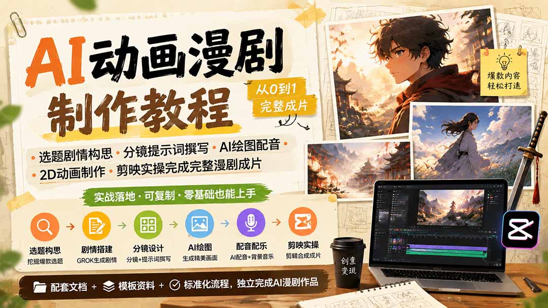 AI动画漫剧制作教程｜选题剧情构思·分镜提示词撰写·AI绘图配音·2D动画制作·剪映实操完成完整漫剧成片-惠声资源站