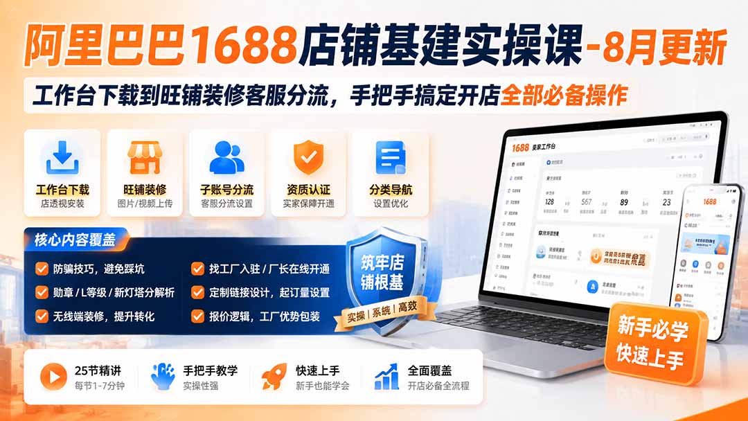 阿里巴巴1688店铺基建实操课-8月更新；工作台下载到旺铺装修客服分流，手把手搞定开店全部必备操作-惠声资源站