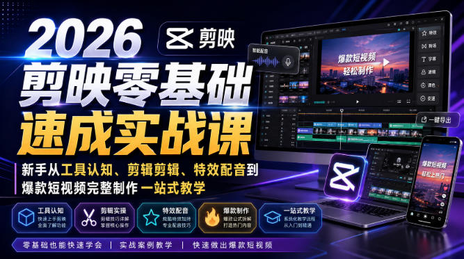 2026剪映零基础速成实战课｜新手从工具认知、剪辑剪辑、特效配音到爆款短视频完整制作一站式教学-惠声资源站