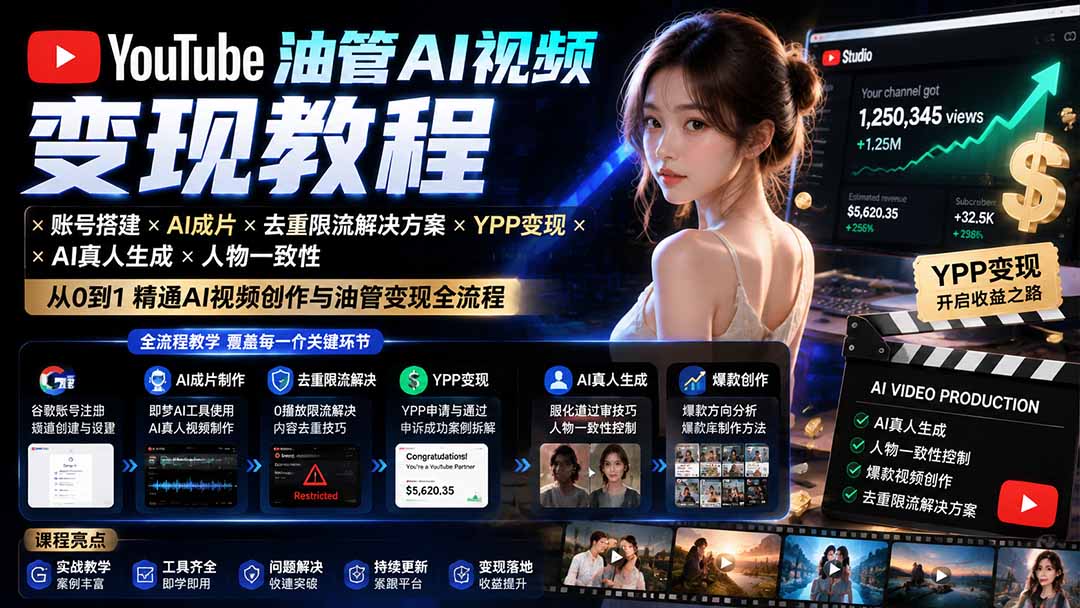 YouTube油管AI视频变现教程-更新：账号搭建×AI成片×去重限流解决方案×YPP变现×AI真人生成×人物一致性-惠声资源站