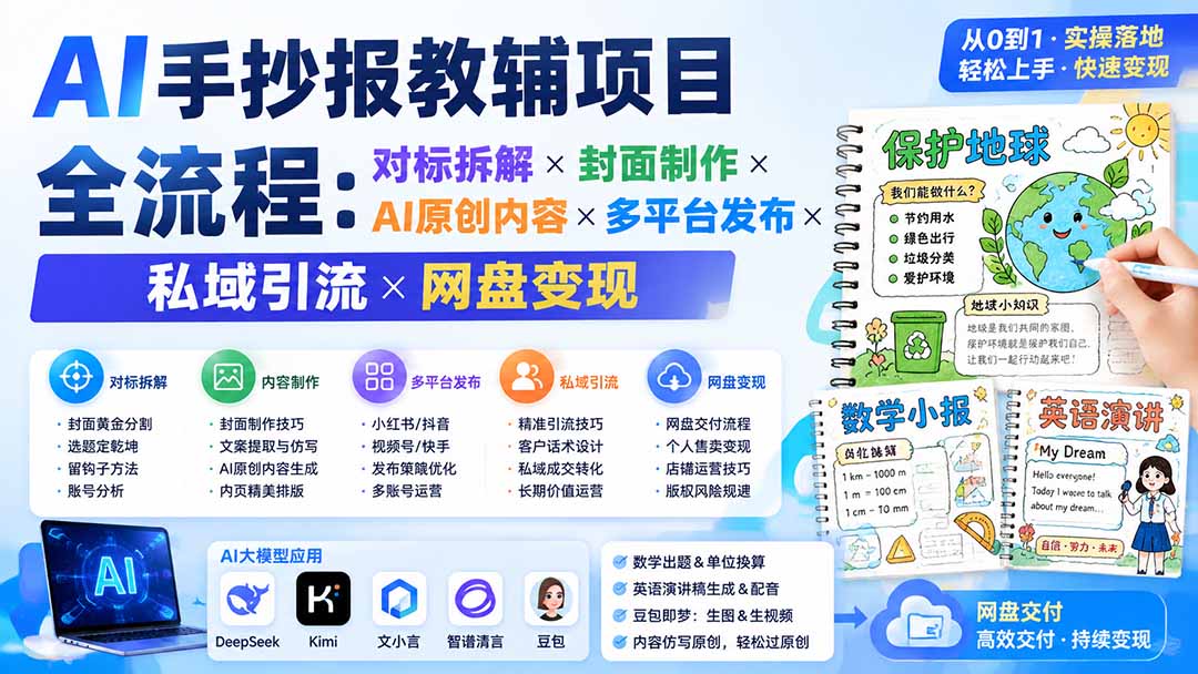 AI手抄报教辅项目全流程：对标拆解×封面制作×AI原创内容×多平台发布×私域引流×网盘变现-惠声资源站